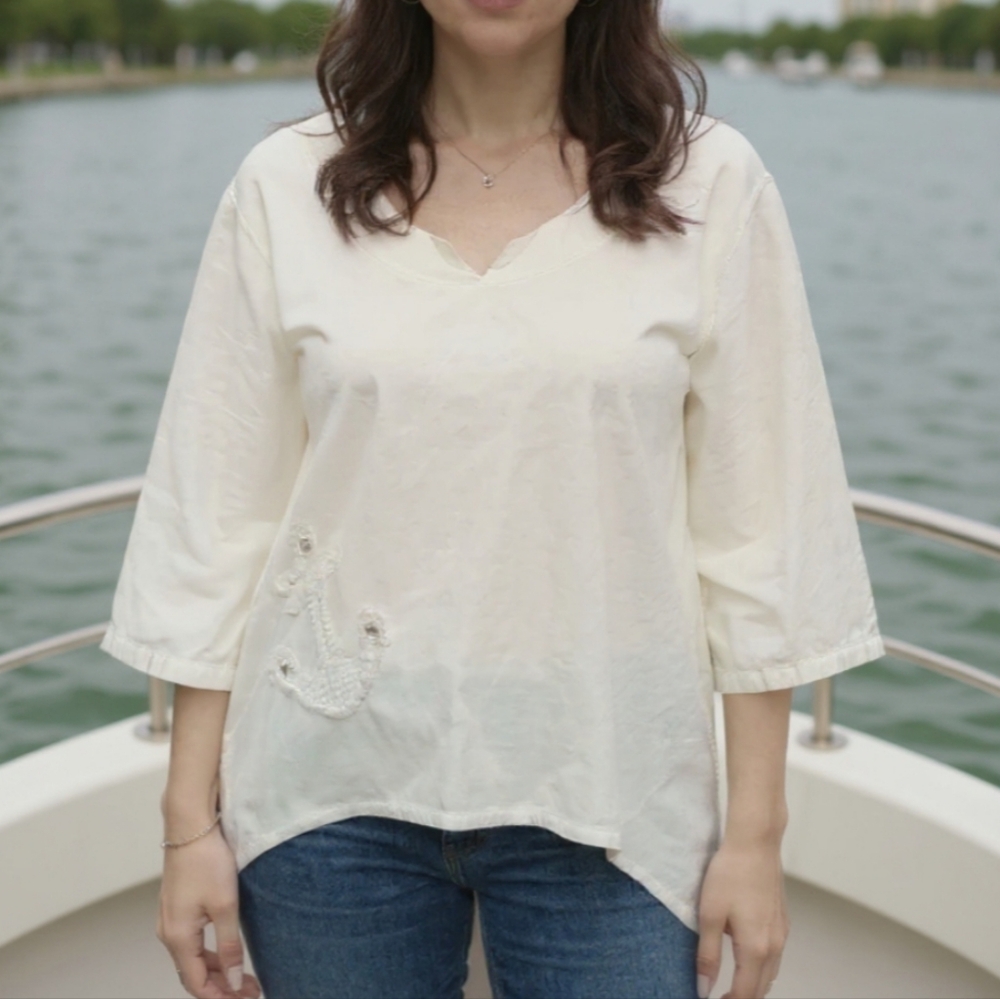 Nautical Palm Grove White Blouse with Embroidered Anchor Petite Size Plus